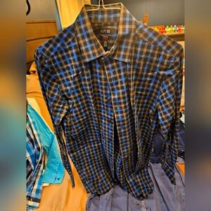 Apt9 slim fit stretch mens dress shirt 15.5 34/35 black blue checkered